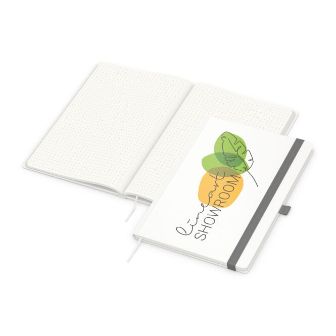 Firmengeschenk Notizbuch Match-Book – silber – mit individuellem Werbedruck 100% Altpapier Blauer Engel DIN A4 nachhaltiges Journal