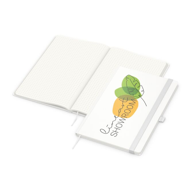 Firmengeschenk Notizbuch Match-Book – weiss – mit 4C-Werbedruck 192 Seiten 100% Altpapier Blauer Engel nachhaltiges Journal für CSR