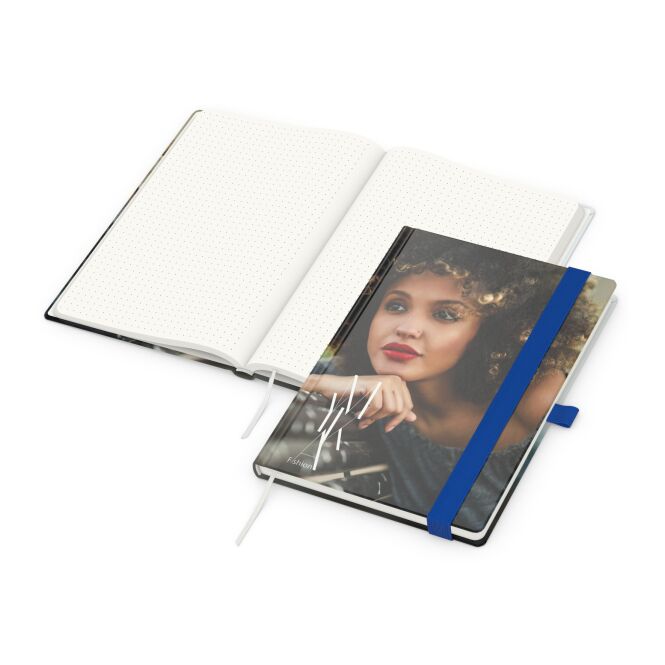 Firmengeschenk Notizbuch Match-Book – mittelblau – mit individuellem Werbedruck 100% Altpapier DIN A5 nachhaltiges Journal CSR