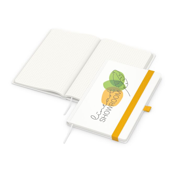 Firmengeschenk Notizbuch Match-Book Hardcover – gelb – mit individuellem Werbedruck 192 Seiten 100% Altpapier nachhaltiges Journal