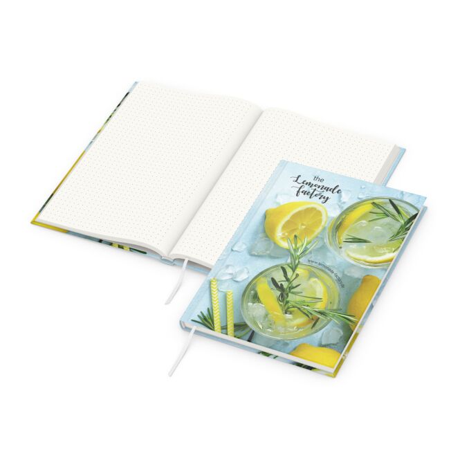Mitarbeitergeschenk Notizbuch Note-Book – schwarz – mit Logo bedruckt 192 Seiten 100% Altpapier Blauer Engel nachhaltiges Journal