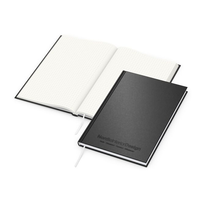 Mitarbeitergeschenk Notizbuch Note-Book schwarz – schwarz – mit individueller Prägung, 192 Seiten, 100% Recyclingpapier, nachhaltiges Journal