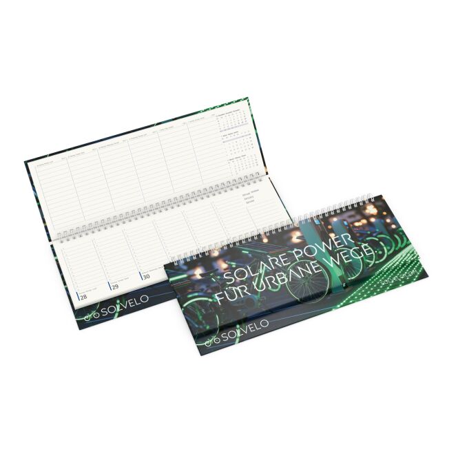 Firmengeschenk Kalender Compact – weiß – mit individuellem Werbedruck 304x105mm 100% Recyclingpapier Blauer Engel nachhaltiges Office-Tool