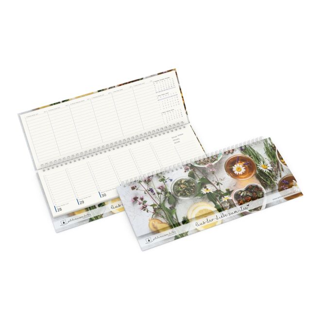 Firmengeschenk Tischkalender Compact – weiss – mit 4C-Werbedruck 100% Recyclingpapier Blauer Engel 304x105mm nachhaltiges Büroset