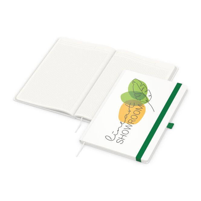 Firmengeschenk Notizbuch Match-Book – grün – mit Logo bedruckt, 192 Seiten, 100% Recyclingpapier, nachhaltiges Journal für CSR