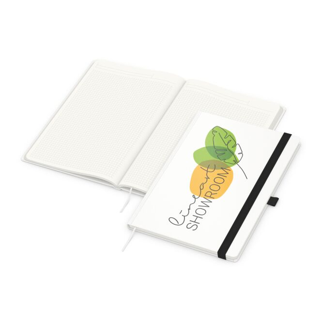 Firmengeschenk Notizbuch Match-Book – schwarz – mit Werbedruck 192 Seiten 100% Altpapier nachhaltiges Journal für grünes Firmenimage