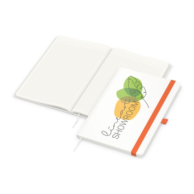 Firmengeschenk Notizbuch Match-Book – orange – mit individuellem Werbedruck 100% Altpapier Blauer Engel DIN A4 nachhaltiges Journal
