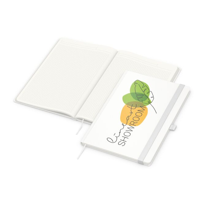 Firmengeschenk Notizbuch Match-Book – weiss – mit 4C-Werbedruck 192 Seiten 100% Recyclingpapier nachhaltiges Journal für CSR-Promotions