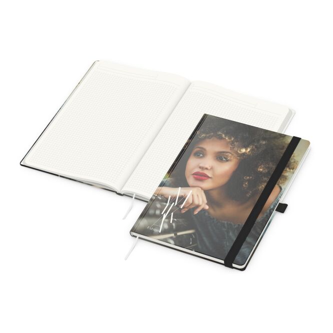 Firmengeschenk Notizbuch Match-Book – schwarz – mit Werbedruck 192 Seiten 100% Altpapier Blauer Engel nachhaltiges Journal für CSR
