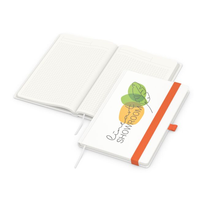 Firmengeschenk Notizbuch Match-Book – orange – mit individuellem Werbedruck 192 Seiten DIN A5 aus 100% Altpapier nachhaltiges Journal