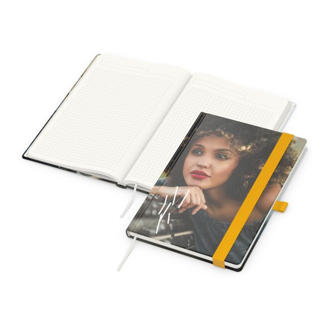 Firmengeschenk Notizbuch Match-Book – gelb – mit Logo bedruckt 192 Seiten 100% Altpapier Blauer Engel nachhaltiges Journal für CSR