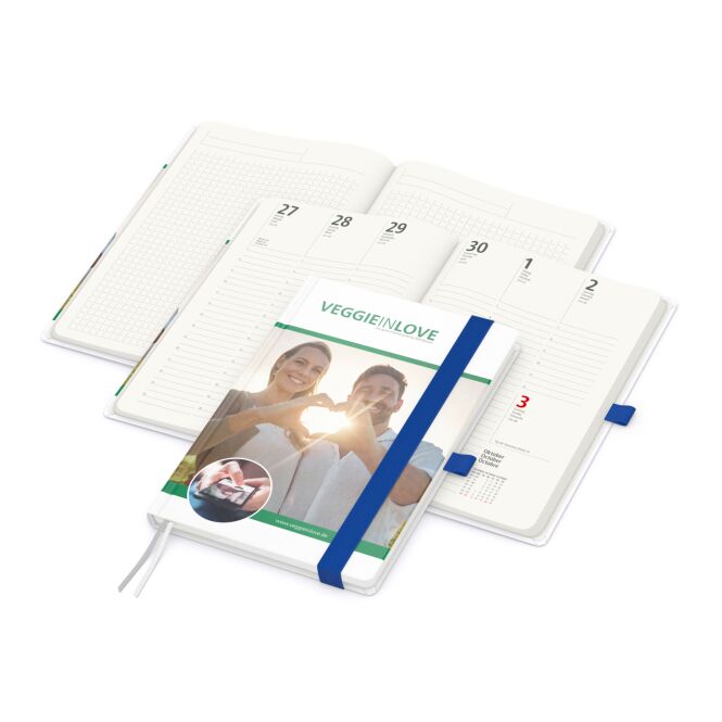 Firmengeschenk Notizbuch Match-Hybrid – mittelblau – mit individuellem Werbedruck 100% Recyclingpapier A5 nachhaltiges Journal
