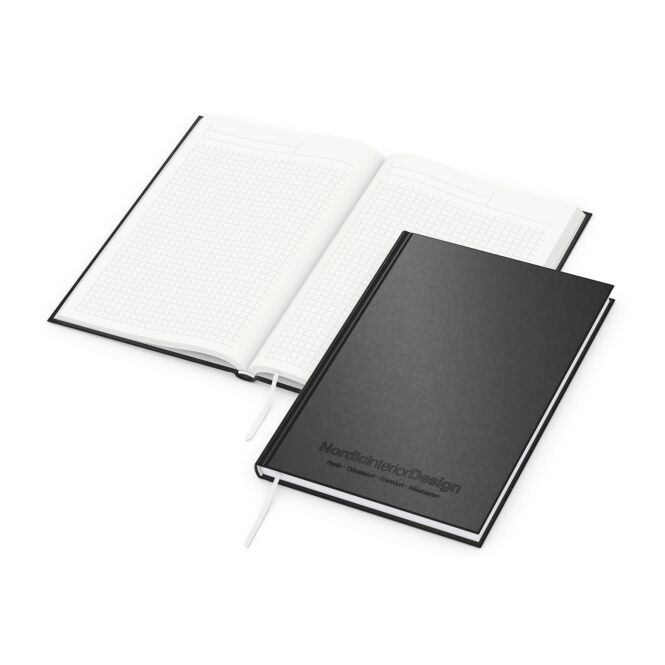 Firmengeschenk Notizbuch Note-Book – schwarz – mit Werbeprägung 192 Seiten 100% Altpapier Blauer Engel nachhaltiges Journal