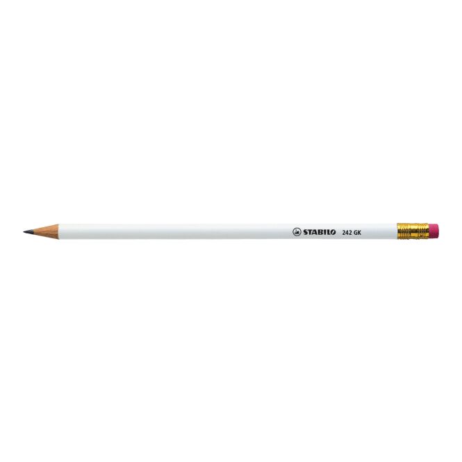 Werbeartikel STABILO Grafitstift mit Radiergummi – weiss – mit Logo bedruckt HB gespitzt für den Büroalltag als Messe-Giveaway