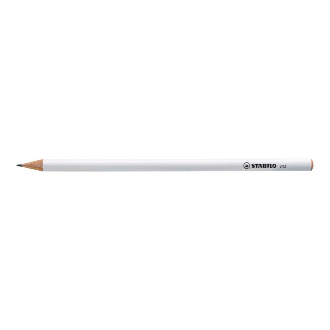 Werbeartikel STABILO Grafitstift – weiss – mit Logo bedruckt, HB, gespitzt, FSC zertifiziert, für den Büroaufwand als Messe-Giveaway