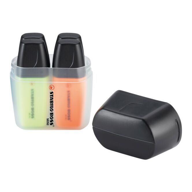 Werbeartikel STABILO BOSS MINI 4er Box Leuchtmarker – bunt – mit Logo bedruckt 4er Set für den Büroalltag