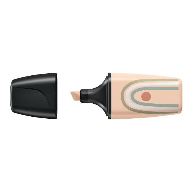 Werbegeschenk Textmarker STABILO BOSS MINI Naturevibes – beige – mit Logo bedruckt als nachhaltiges Messe-Giveaway für den Büroalltag