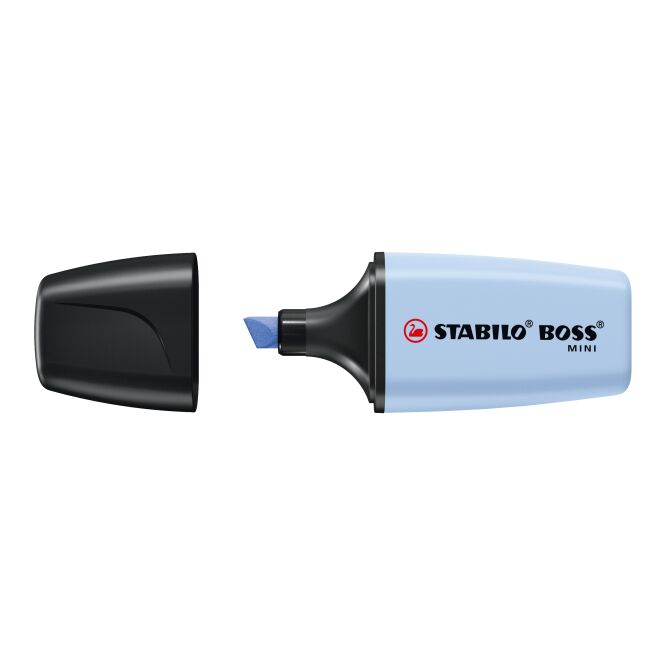 Werbeartikel STABILO BOSS MINI Pastel Textmarker – hellblau – mit Logo bedruckt für den Büroalltag
