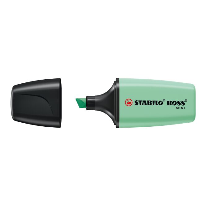 Werbeartikel Textmarker STABILO BOSS MINI Pastel – grün – mit Logo bedruckt für den Büroalltag