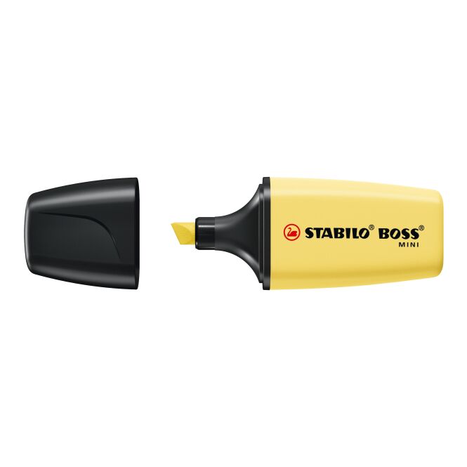 Werbeartikel Textmarker STABILO BOSS MINI Pastel – gelb – mit Logo bedruckt für den Büroalltag