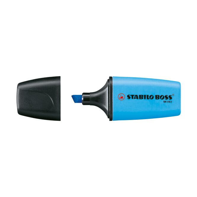 Werbeartikel Textmarker STABILO BOSS MINI – blau – mit Logo bedruckt für den Büroalltag