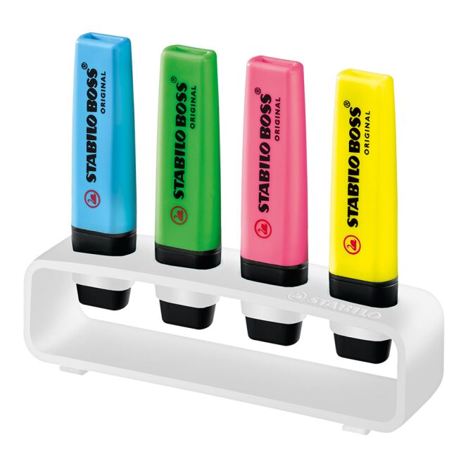 Werbegeschenk Textmarker STABILO BOSS ORIGINAL – weiss – mit Logo bedruckt 4er Set aus recyceltem Material für den Büroalltag