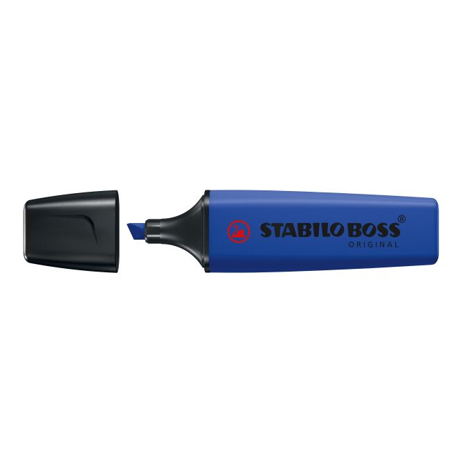 Werbegeschenk STABILO BOSS ORIGINAL NatureCOLORS Leuchtmarkierer – blau – mit Logo bedruckt für den Büroalltag