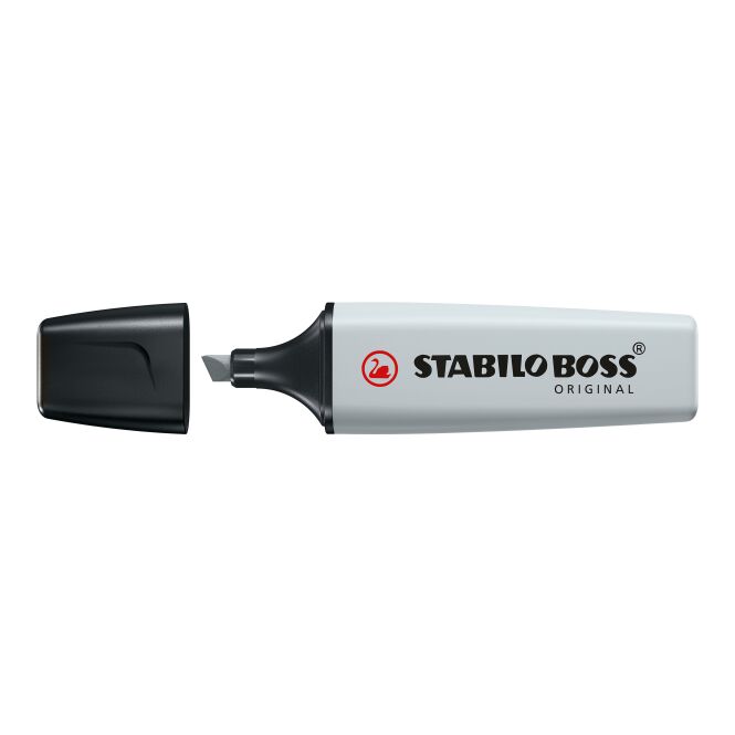Werbeartikel Textmarker STABILO BOSS ORIGINAL Pastel – grau – mit Logo bedruckt für den Büroalltag