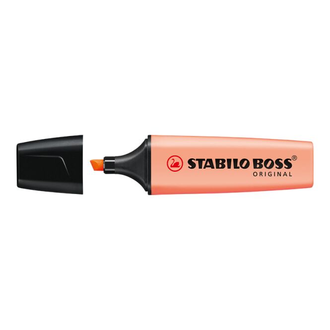 Werbeartikel STABILO BOSS ORIGINAL Pastel Textmarker – orange – mit Logo bedruckt für den Büroalltag mit 4 Stunden Offenlagerfähigkeit