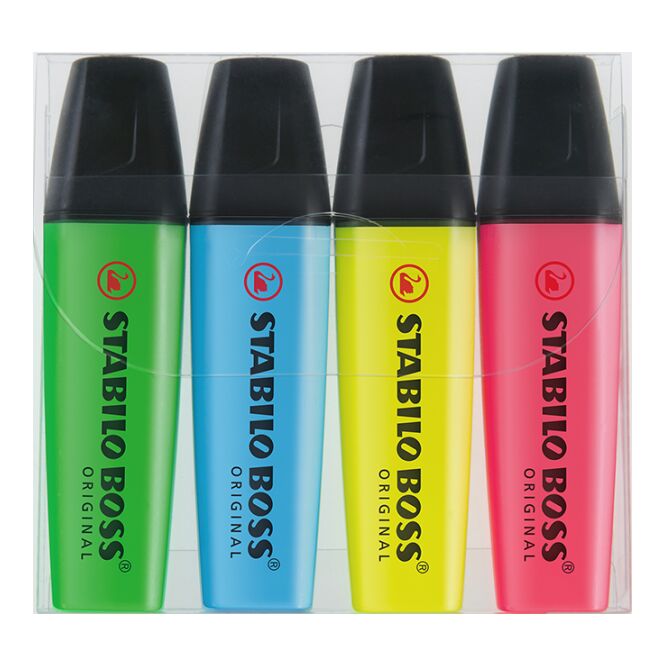 Werbegeschenk STABILO BOSS ORIGINAL 4er-Set Leuchtmarkierer – verschiedene farben – mit Logo bedruckt für den Büroalltag nachfüllbar