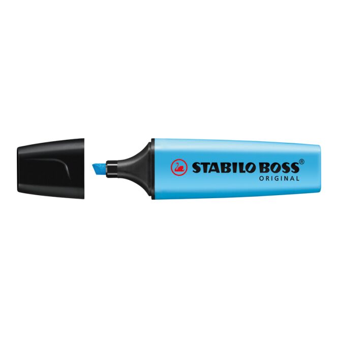 Werbeartikel STABILO BOSS ORIGINAL Leuchtmarkierer – blau – mit Logo bedruckt, zwei Strichstärken, für den Büroalltag