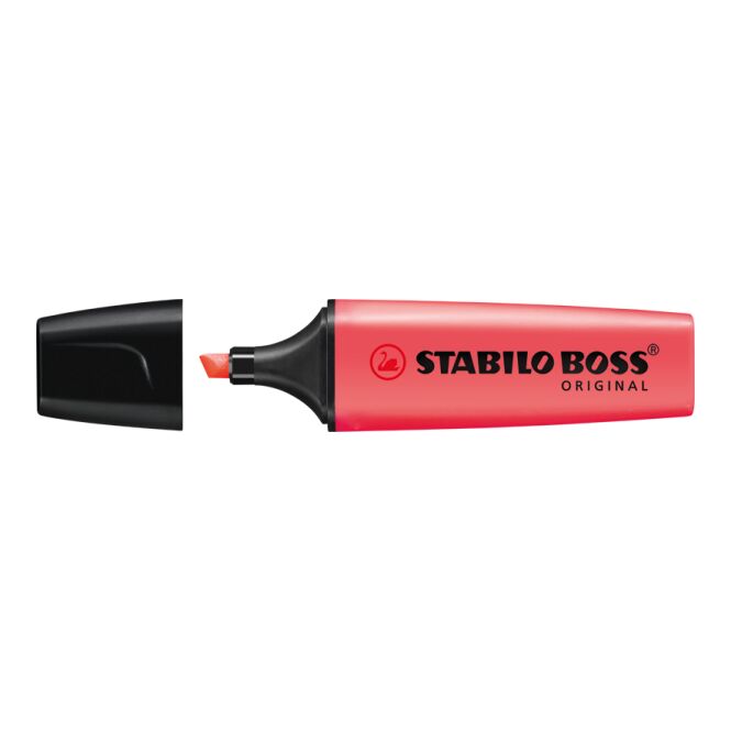 Werbeartikel STABILO BOSS ORIGINAL Leuchtmarkierer – rot – mit Logo bedruckt für den Büroalltag mit zwei Strichstärken