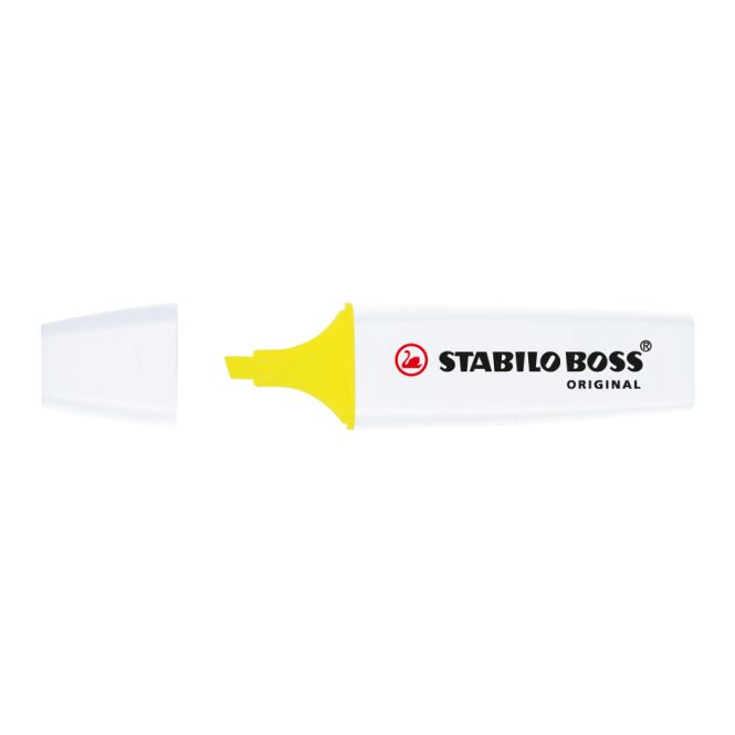 Werbeartikel STABILO BOSS ORIGINAL Leuchtmarkierer – weiss – mit Logo bedruckt für den Büroalltag