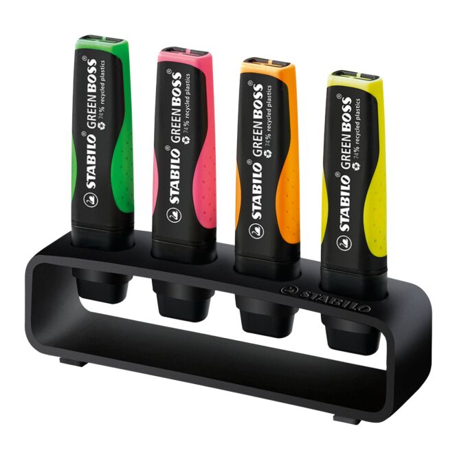 Werbegeschenk Textmarker STABILO GREEN BOSS 4er Tisch-Set – schwarz – mit Logo bedruckt, nachhaltig, für den Büroalltag