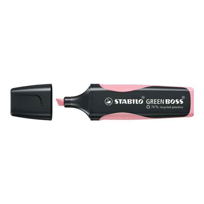 Mitarbeitergeschenk Leuchtmarkierer STABILO GREEN BOSS – rosa – mit individuellem Werbedruck 83% recyceltes Plastik nachhaltiges Markiergerät