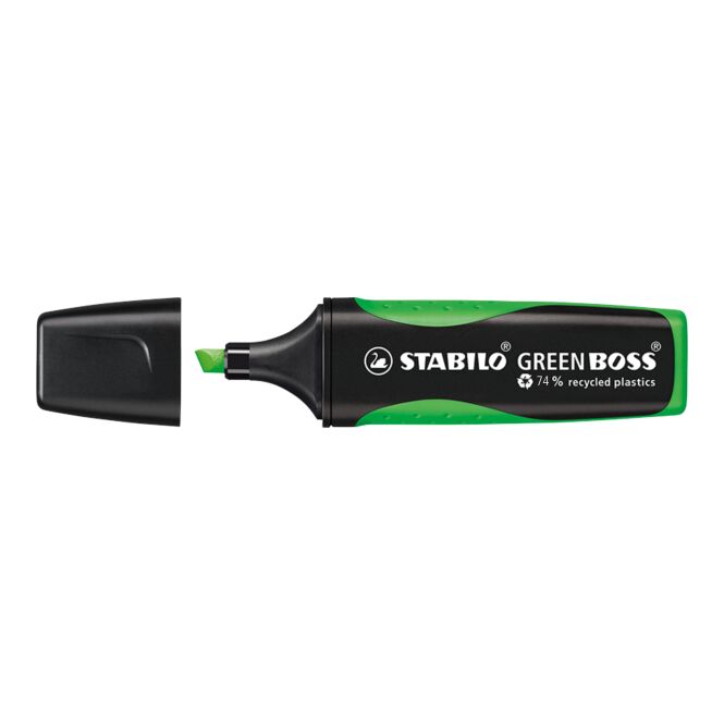 Werbeartikel Textmarker STABILO GREEN BOSS – grün – mit Logo bedruckt für den Büroalltag aus 83% recyceltem Kunststoff