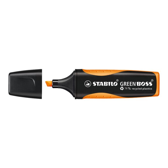 Werbeartikel Textmarker STABILO GREEN BOSS – orange – mit Logo bedruckt nachhaltiger Textmarker aus Recycling-Kunststoff für den Büroalltag