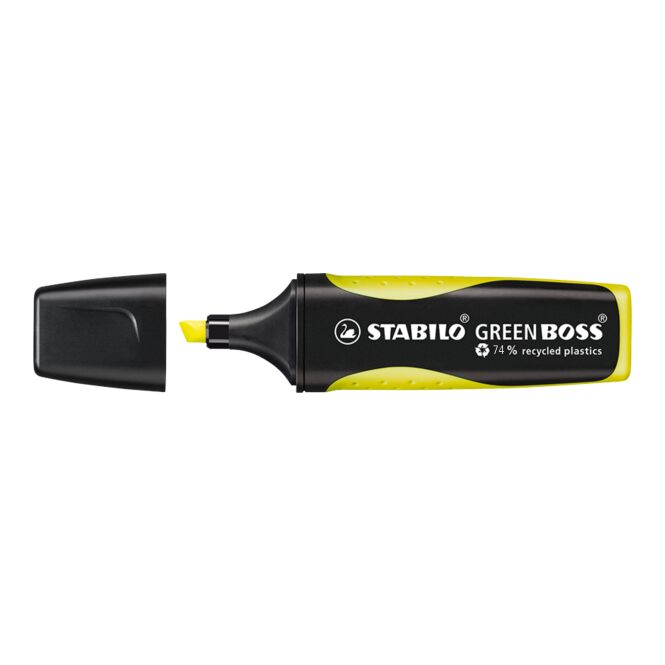 Werbeartikel STABILO GREEN BOSS Textmarker – gelb – mit Logo bedruckt nachhaltig aus recyceltem Kunststoff für den Büroalltag