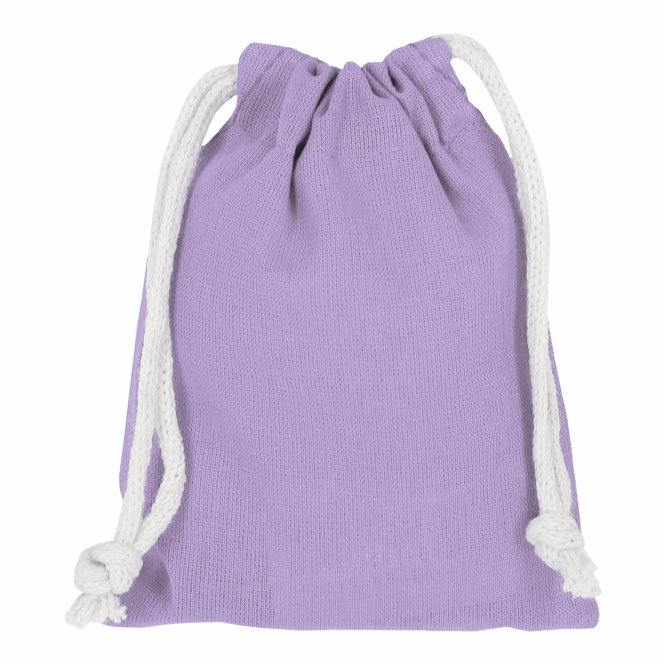 Werbeartikel Zuziehbeutel TEXXILLA – violett – mit Logodruck 10x14cm aus 140g/m² Baumwolle, robuster Alltagsbegleiter für Messen
