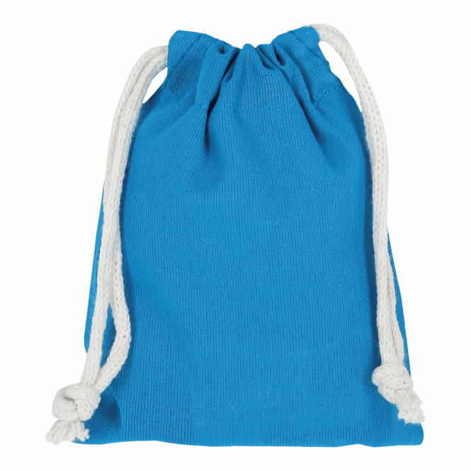 Werbeartikel Zuziehbeutel TEXXILLA – hellblau – hochwertig bedruckt, 10x14 cm, 140 g/m², robuste Baumwolltasche für Messen & Events