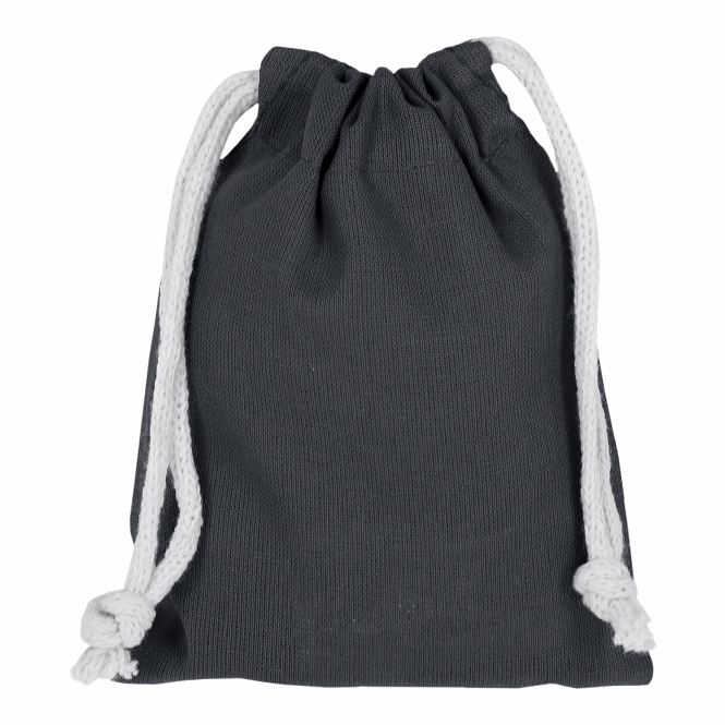 Werbeartikel Zuziehbeutel TEXXILLA – anthrazit – mit Logodruck 10x14 cm 140g/m² robuster Baumwollbeutel ideal für Messe-Events