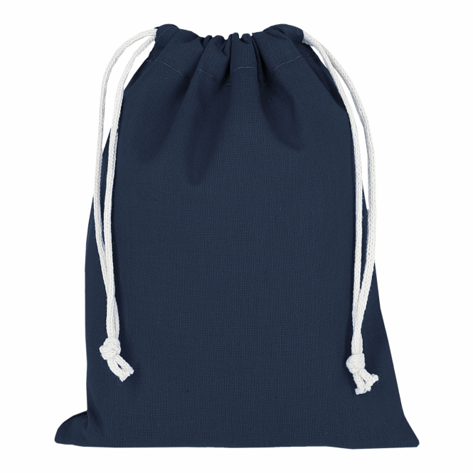 Werbeartikel Zuziehbeutel TEXXILLA – marineblau – mit Logo bedruckt, 15x20cm, 140g/m², idealer Baumwollbeutel für Messe-Events
