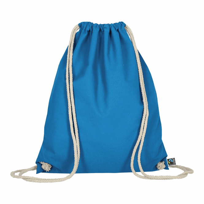 Werbeartikel Turnbeutel TEXXILLA – hellblau – mit Logodruck 140 g/m² 38x46 cm aus Fairtrade-Baumwolle idealer Rucksack für Messen