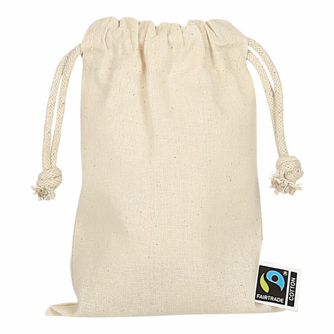 Firmengeschenk Zuziehbeutel TEXXILLA – beige – mit Logo bedruckt, 140g/m², 10x14cm, idealer Baumwollbeutel für Messen & Events