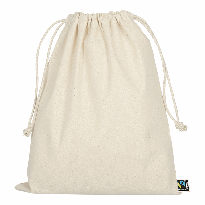 Firmengeschenk Zuziehbeutel TEXXILLA – beige – mit Logodruck 140g/m² Fairtrade-Baumwolle 25x30cm Textiltasche für Firmen