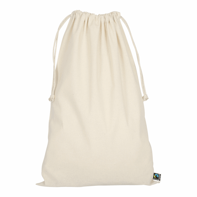 Werbeartikel Zuziehbeutel TEXXILLA – beige – mit Logodruck 30x45cm aus Fairtrade-Baumwolle nachhaltiger Stoffbeutel für Messen
