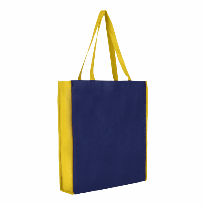 Mitarbeitergeschenk Einkaufstasche TEXXILLA City-Bag 2 – marineblau-gelb – mit Logo bedruckt 60cm Henkel aus PP-Material