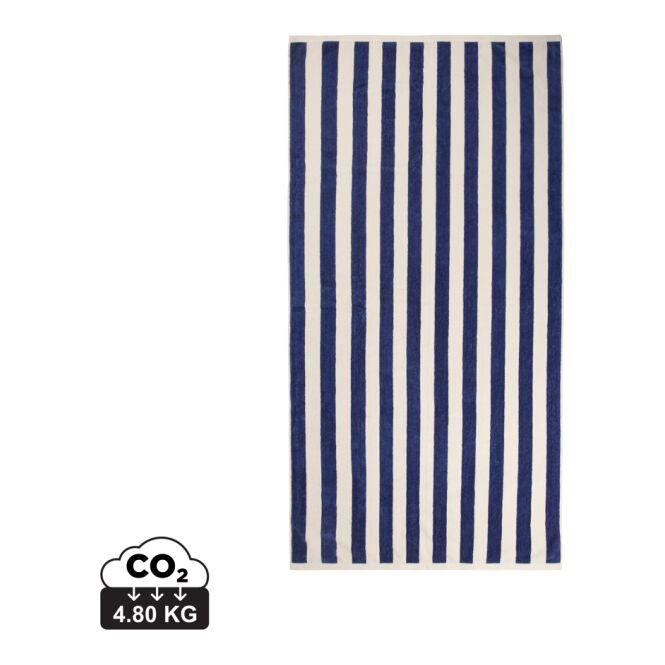 Mitarbeitergeschenk Strandtuch VINGA Lagoa – navy blau-weiss – mit Logodruck 80x160cm, 50% GRS-recycelte Baumwolle, nachhaltiges Badetuch