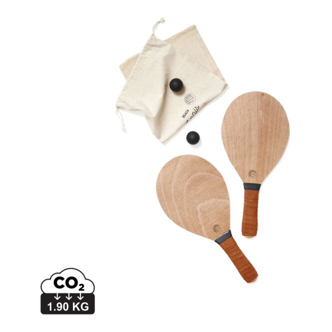 Kundengeschenk Beach-Tennis-Spiel Vinga Colos – braun – mit Logo bedruckt 4-teilig mit 2 Schlägern & 2 Bällen für Outdoor-Events