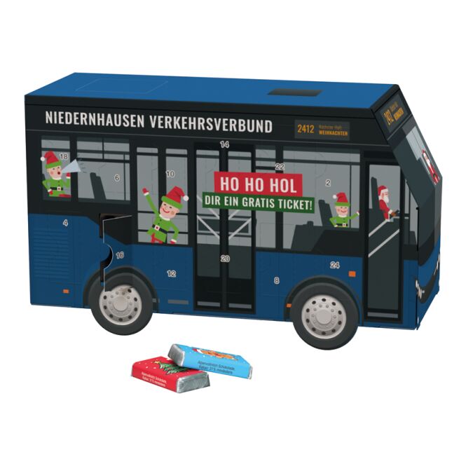 Firmengeschenk Adventskalender Bus – weihnachtlich – mit individuellem Werbeaufdruck als Weihnachtsgeschenk für Kunden und Partner